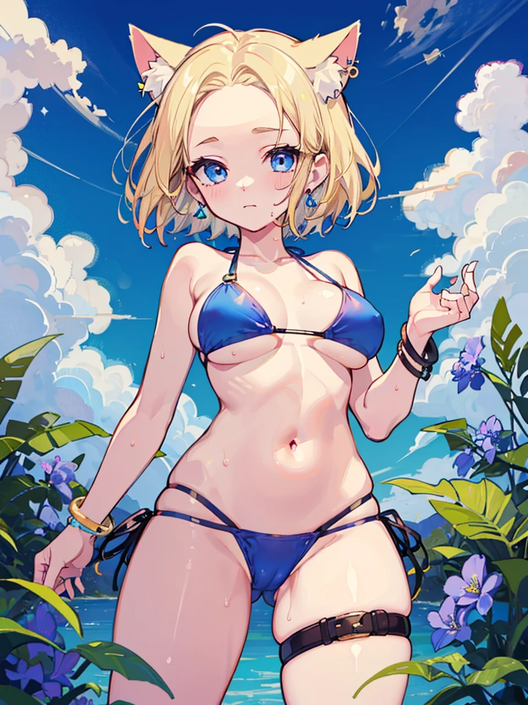 ((1girl)), (close up), sweaty, solo, high quality, blonde hair, ((forehead)), (short hair), blue eyes, medium breast,  (((bikini))), (straps:1.2),  plants, blue sky, (cameltoe:1.2), (big nipples:0.9), (thick thighs), sky, clouds, cat ears, blue flowers, jewelry, earrings, bracelets, 
