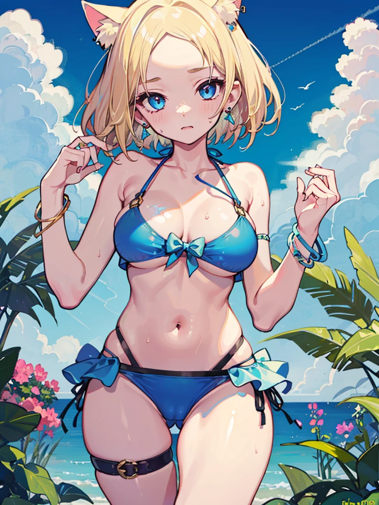 ((1girl)), (close up), sweaty, solo, high quality, blonde hair, ((forehead)), (short hair), blue eyes, medium breast, (((bikini))), (straps:1.2), plants, blue sky, (cameltoe:1.2), (big nipples:0.9), (thick thighs), sky, clouds, cat ears, blue flowers, jewelry, earrings, bracelets,