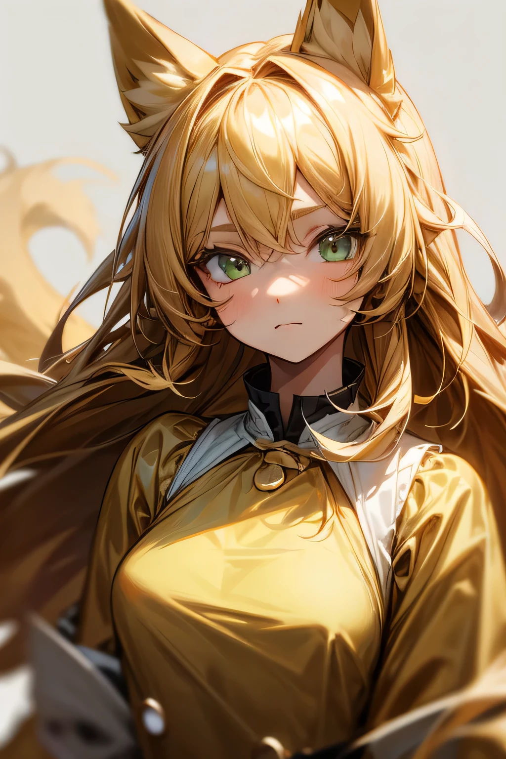 1girl, long golden hair, green eyes, ((floppy)) dog ears, golden dress, emoteless face, face focus, upper body, perfect eyes, perfect quality, simple background