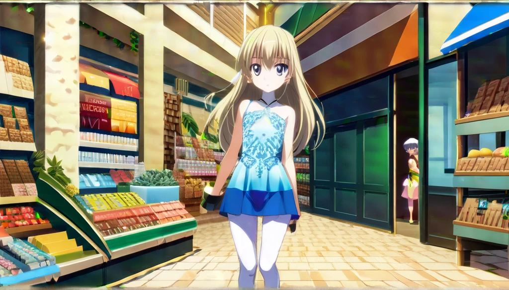 ((Anime Infinite Stratus Art, 8k, ultra full high definition, epic quality, epic texture)). the theme is exhibitionism. The setting is a big shopping, Very detailed, it's summer, it's daytime, there are some shops, there are people passing by the scene. The focus is a girl, her name is Sophia, , Brazilian, very short stature, very messy blonde hair(short:1.9) with bangs(long:1.5), ice blue eyes, wonderful face, she has white skin, skinny body, narrow chest, round boobies, thin waist, very narrow hips, big and perky butt, she's wearing a short skirt and a very short low-cut(1.5) flowery shirt, she is very shy and lewd, she loves to show off, she is walking in the setting. The atmosphere is lively.