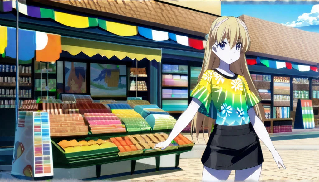 ((Anime Infinite Stratus Art, 8k, ultra full high definition, epic quality, epic texture)). the theme is exhibitionism.  The setting is a big shopping, Very detailed, it's summer, it's daytime, there are some shops, there are people passing by the scene.  The focus is a girl, her name is Sophia, 12 years old, Brazilian, very short stature, very messy blonde hair(short:1.9) with bangs(long:1.5), ice blue eyes, wonderful face, she has white skin, skinny body, narrow chest, round boobies, thin waist, very narrow hips, big and perky butt, she's wearing a short skirt and a very short low-cut(1.5) flowery shirt, she is very shy and lewd, she loves to show off, she is walking in the setting. The atmosphere is lively.