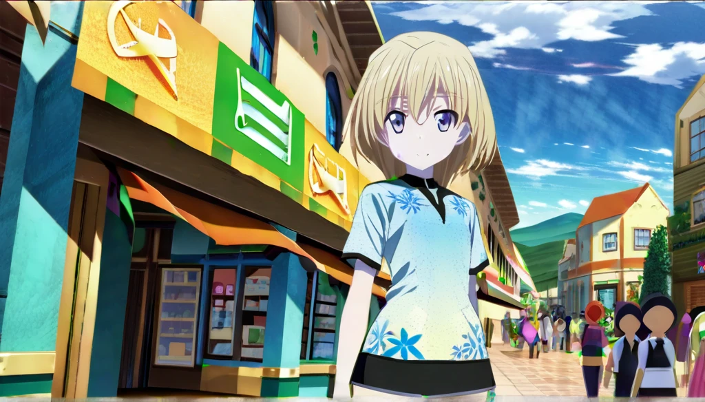 ((Anime Infinite Stratus Art, 8k, ultra full high definition, epic quality, epic texture)). the theme is exhibitionism. The setting is a big shopping, Very detailed, it's summer, it's daytime, there are some shops, there are people passing by the scene. The focus is a girl, her name is Sophia, , Brazilian, very short stature, very messy blonde hair(short:1.9) with bangs(long:1.5), ice blue eyes, wonderful face, she has white skin, skinny body, narrow chest, round boobies, thin waist, very narrow hips, big and perky butt, she's wearing a short skirt and a very short low-cut(1.5) flowery shirt, she is very shy and lewd, she loves to show off, she is walking in the setting. The atmosphere is lively.