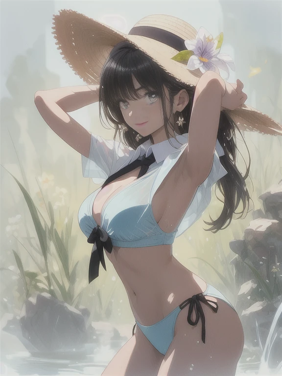 (masterpiece), (Highest quality), (Super detailed), Realistic, (Best illustrations), (Very delicate and beautiful), One girl, alone, Detailed landscape, Simple_background, kcshigurek3su, Cowboy Shot, Leaning forward, Detailed iris, Fine grain, Side tie bikini bottom, hair ornaments, Hair flap, Single Blade, Brown Hair, Straw hat, Hat Flower, Front tie bikini top, Black tie, Collared shirt, See-through, Blue ribbon, A light smile, Short sleeve,
Very beautiful eyes、Very beautiful face、very elaborate body、Very fine skin, very elaborate hair ornaments, A precisely sculpted body and hands, a wet transparent shirt((A composition in which one arm is raised to reveal the armpit.)) Revealing weaknesses Raising your arms  (Perfect hands, Perfect Anatomy),