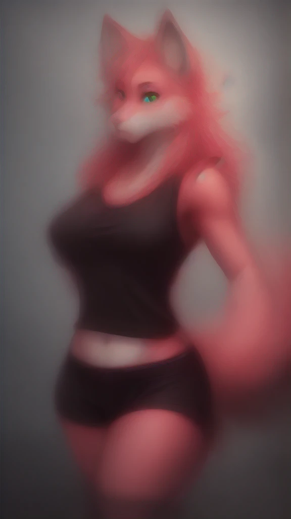 Furry kitsune wolf    female anthropomorphic hot pink  fur green  eyes blue ears wearing a black tank top and black shorts  medium breast size soaking wet tail drupey
