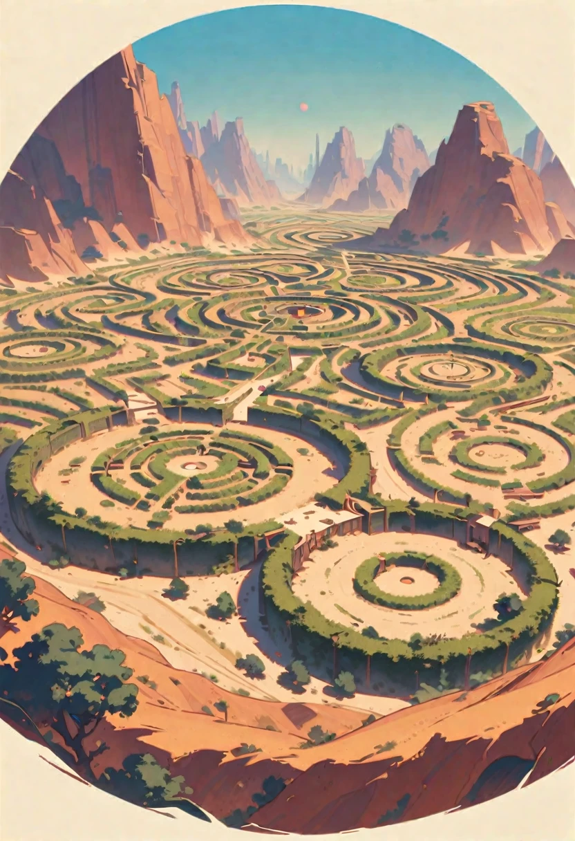 style 9, Post-apocalyptic scenario, a labyrinth seen as a desert. above in the form of a huge circle with a clearing in the center with old tents