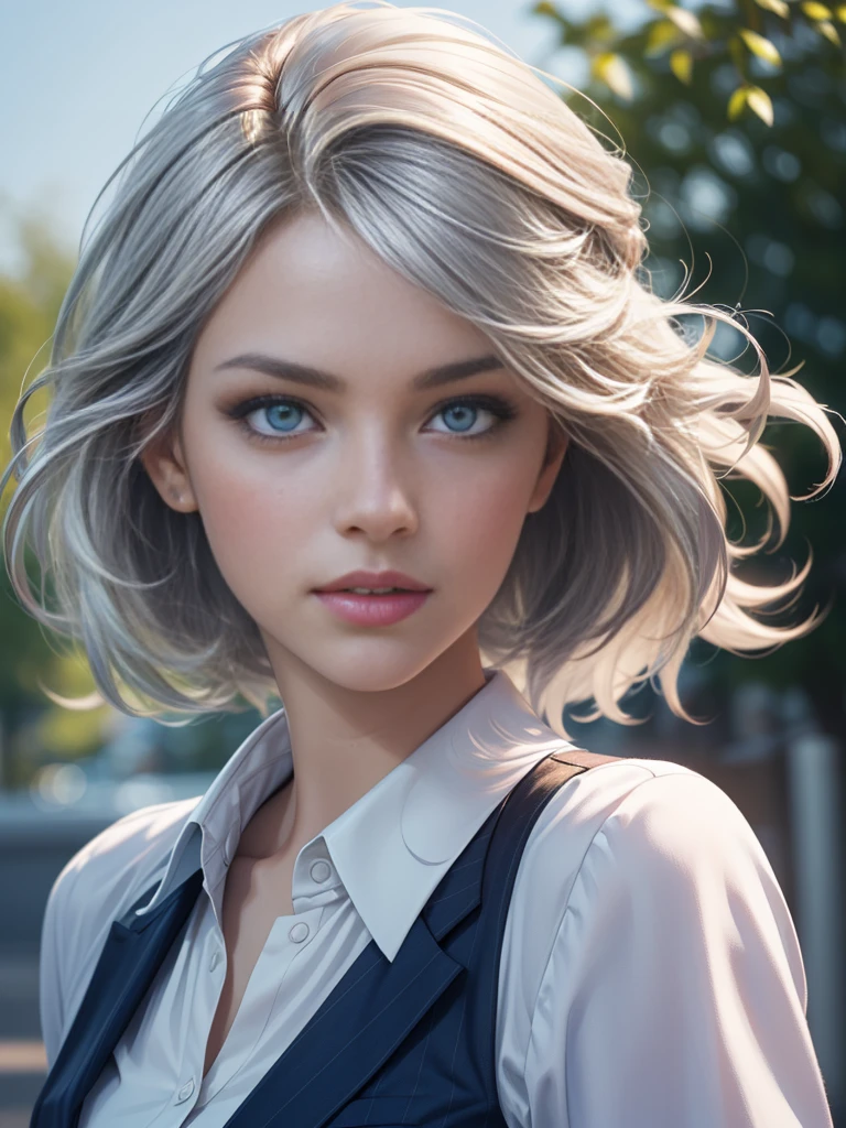 (Best quality,ultra detailed,Photorealistic:1.37),bright and rich colors, studio lighting, playful facial expression, stylish makeup ,( business jacket ) ,Silver hair flutters in the wind, inviting eyes, glossy lips, sexy pose, ,posing for a professional photo shoot ,shallow depth of field, highlighting the main subject, soft natural light ,Creating a dreamy and magical atmosphere. ((Very )),weak unhealthy ,(((Very тонкий))) excited