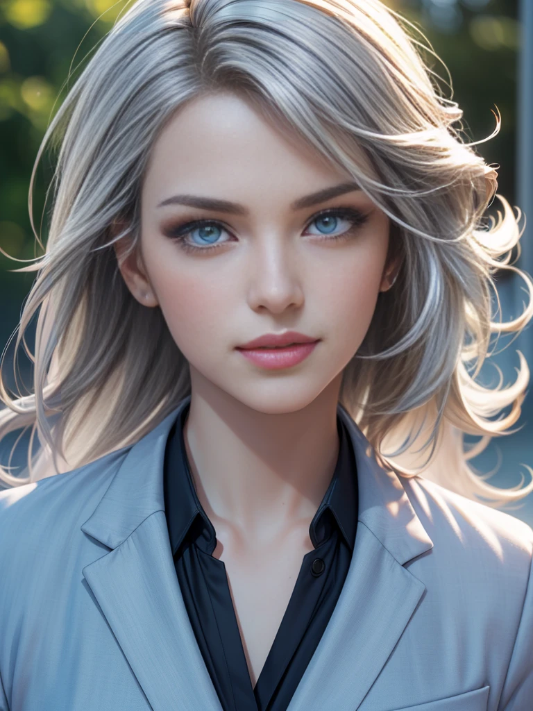 (Best quality,ultra detailed,Photorealistic:1.37),bright and rich colors, studio lighting, playful facial expression, stylish makeup ,( business jacket ) ,Silver hair flutters in the wind, inviting eyes, glossy lips, sexy pose, ,posing for a professional photo shoot ,shallow depth of field, highlighting the main subject, soft natural light ,Creating a dreamy and magical atmosphere. ((Very )),weak unhealthy ,(((Very тонкий))) excited