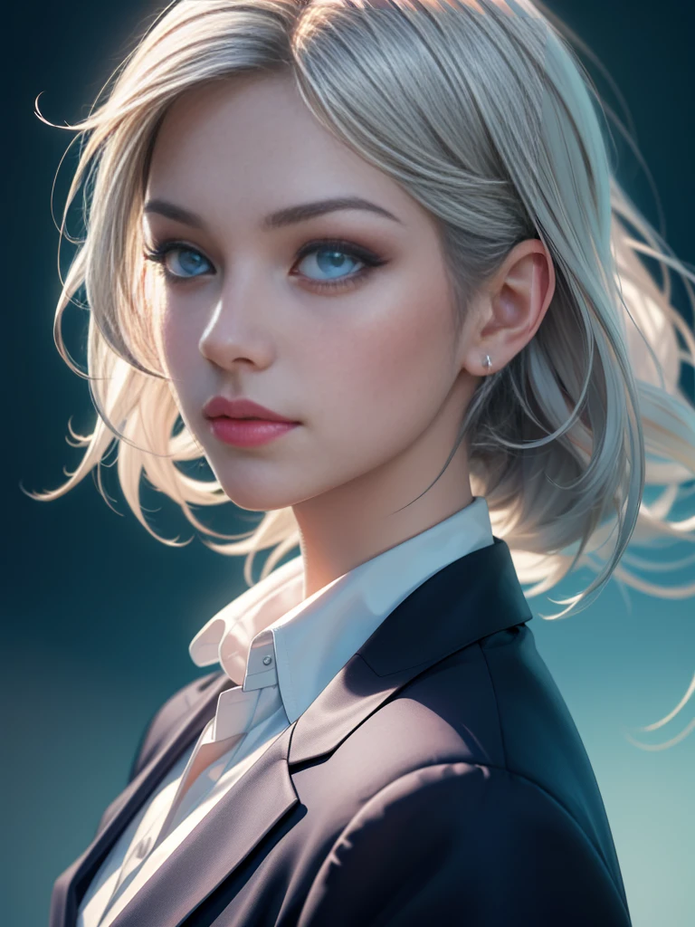 (Best quality,ultra detailed,Photorealistic:1.37),bright and rich colors, studio lighting, playful facial expression, stylish makeup ,( business jacket ) ,Silver hair flutters in the wind, inviting eyes, glossy lips, sexy pose, ,posing for a professional photo shoot ,shallow depth of field, highlighting the main subject, soft natural light ,Creating a dreamy and magical atmosphere. ((Very )),weak unhealthy ,(((Very тонкий))) excited
