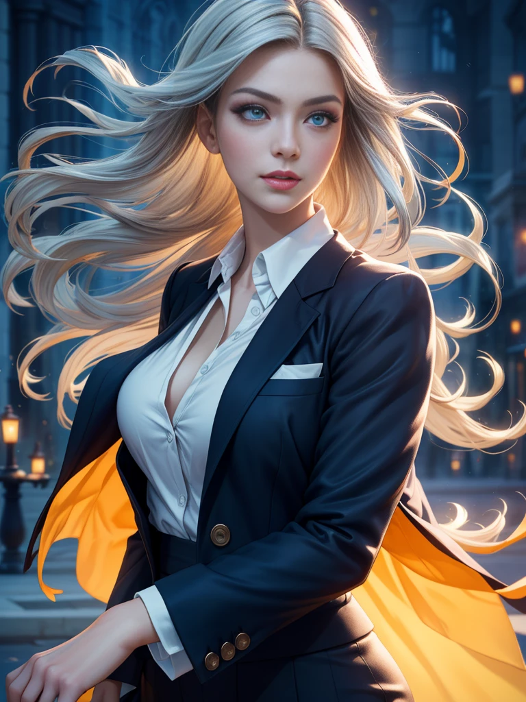 (Best quality,ultra detailed,Photorealistic:1.37),bright and rich colors, studio lighting, playful facial expression, stylish makeup ,( business jacket ) ,Silver hair flutters in the wind, inviting eyes, glossy lips, sexy pose, ,posing for a professional photo shoot ,shallow depth of field, highlighting the main subject, soft natural light ,Creating a dreamy and magical atmosphere. ((Very )),weak unhealthy ,(((Very тонкий))) excited