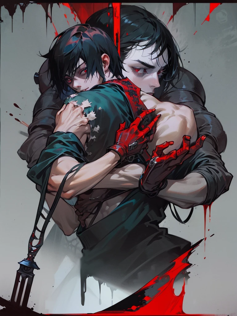 Young man, black hair, red eyes, ((alone)), ((dark dungeon)), brutal appearance, holding a knife ((bloodstained))