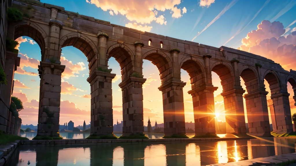 very beautiful long aqueduct, stretched along the horizon line, in the rays of sunset, cartoon