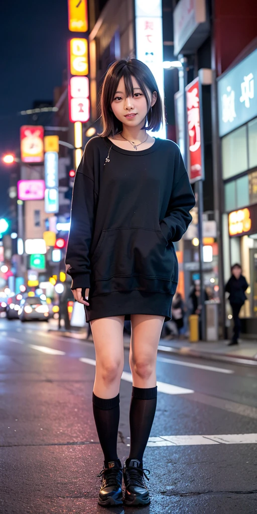 1fille, Tokyo street,nuit, urban landscape,city lightsclose,ssmile, (8K, Photo brute, best quality, head of'artwork:1.2),(realistic, photo-realistic:1.37), ((naked))
