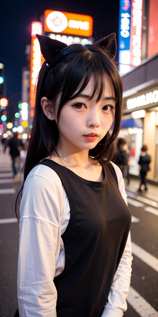 1fille, Tokyo street,nuit, urban landscape,city lightsclose,ssmile, (8K, Photo brute, best quality, head of'artwork:1.2),(realistic, photo-realistic:1.37), ((naked))