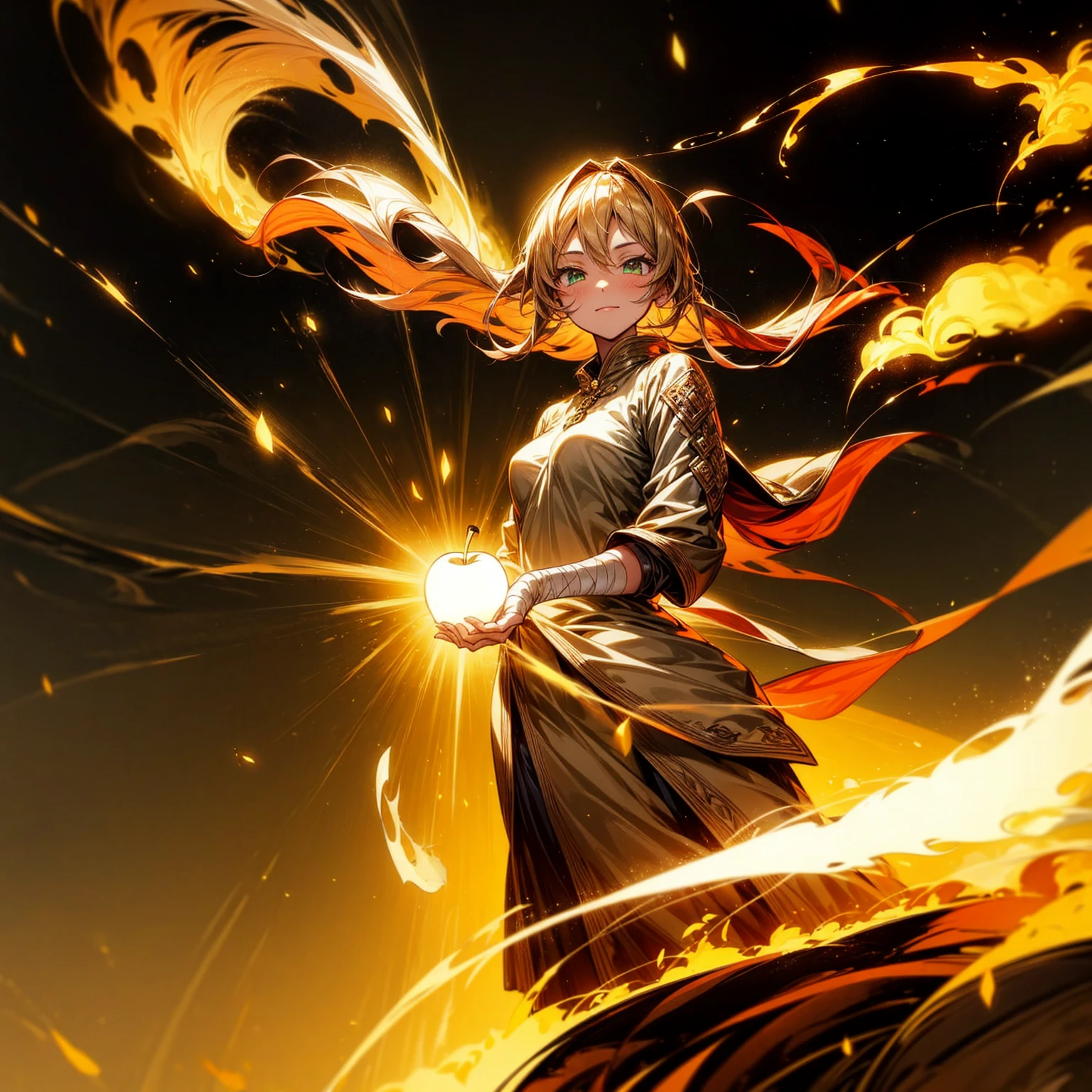 1girl, Full body version, 1character, adult version, green color eyes color, long haircut, brown colour hair, Happy expression, Bandage on his hand, medieval style clothing, gold Apple in hand, background in town, motion blur, aura effect, lighting gold Apple, smoke aura in hand, lighting fire, fire effect, sunlight, Light silhouette, golden light aura, apple emitting smoke aura, (pokemon style art)