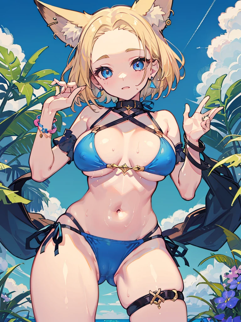 ((1girl)), (close up), sweaty, solo, high quality, blonde hair, ((forehead)), (short hair), blue eyes, medium , (((bikini))), (straps:1.2), plants, blue sky, (cameltoe:1.2), (big nipple (thick thighs), sky, clouds, fox ears, blue flowers, jewelry, earrings, bracelets,
