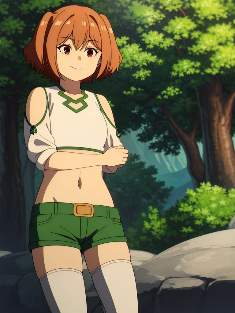 (8K, Highest quality, Highest quality, masterpiece), standing, 1girl, fullbody, solo, cowboy shot, landscape, (summer sky), smile, Shorts, outdoors,

kanne, short hair, brown hair, twintails, (brown eyes:1.3), shirt, thighhighs, navel, bare shoulders, white shirt, short sleeves, midriff, belt, white thighhighs, crop top, short shorts, clothing cutout, shoulder cutout, (green shorts)
