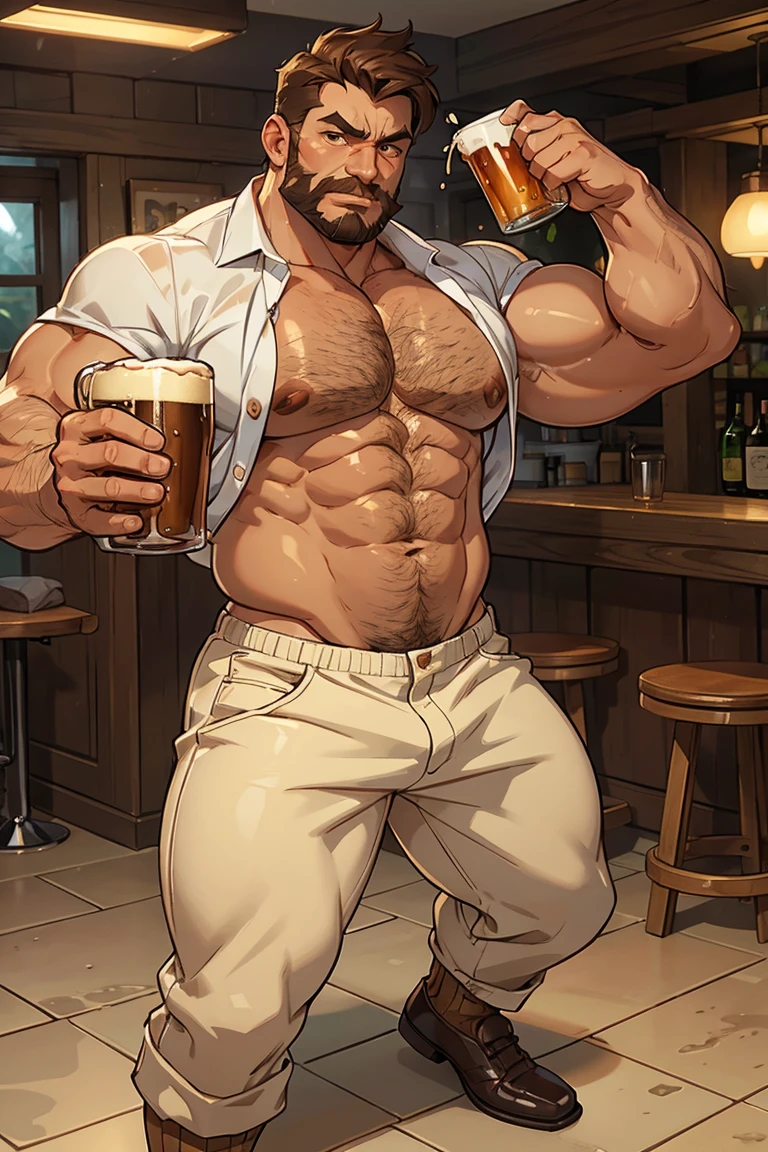 Middle aged man, male face, Light brown eyes, short wavy brown hair, Drunk expression, with mustache and no beard, muscular, very hairy body, huge and hairy chest, large and swollen nipples, Huge Biceps, shiny oily skin. He is holding a mug of beer in his right hand, in a wet white blouse, rectangular oculus, beige trousers and brown shoes. He'I'm in the living room at night.