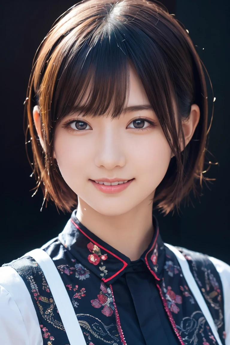 1 Girl, (Wearing colorful stage costumes:1.2), Very beautiful Japanese idol portraits, Face close-up, (RAW Photos, Highest quality), (Realistic, Realistic:1.4), (masterpiece), Very delicate and beautiful, Very detailed, 2k wallpaper, wonderful, finely, Very detailed CG Unity 8K wallpaper, Very detailed, High resolution, Soft Light, Beautiful detailed girl, Very detailed目と顔, Beautiful and sophisticated nose, Beautiful and beautiful eyes, Cinema Lighting, (Simple light color background:1.3), (short hair), (Bob), Complete Anatomy, Slender body, Small breasts, smile、In town