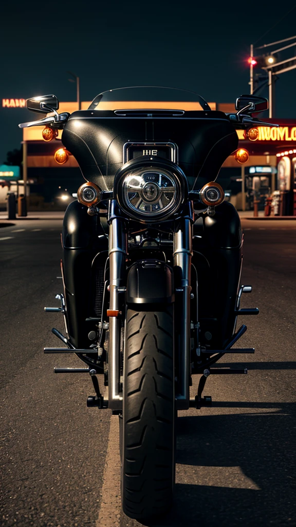 A matte black customized lowrider Harley Davidson fatboy parked at a gas station on Route 66. Photorealistic, insane details, highly detailed, evening time, dramatic, Hollywood style, movie style, unreal engine render, cinema 4D, Octane Render, Amazing, side profile, full body shot.