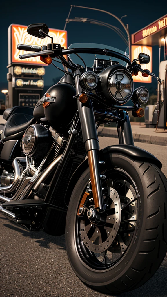 A matte black customized lowrider Harley Davidson fatboy parked at a gas station on Route 66. Photorealistic, insane details, highly detailed, evening time, dramatic, Hollywood style, movie style, unreal engine render, cinema 4D, Octane Render, Amazing, side profile, full body shot. 