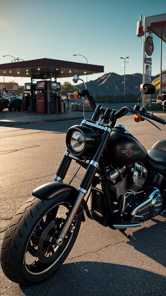 A matte black customized lowrider Harley Davidson fatboy parked at a gas station on Route 66. Photorealistic, insane details, highly detailed, evening time, dramatic, Hollywood style, movie style, unreal engine render, cinema 4D, Octane Render, Amazing, side profile, full body shot.