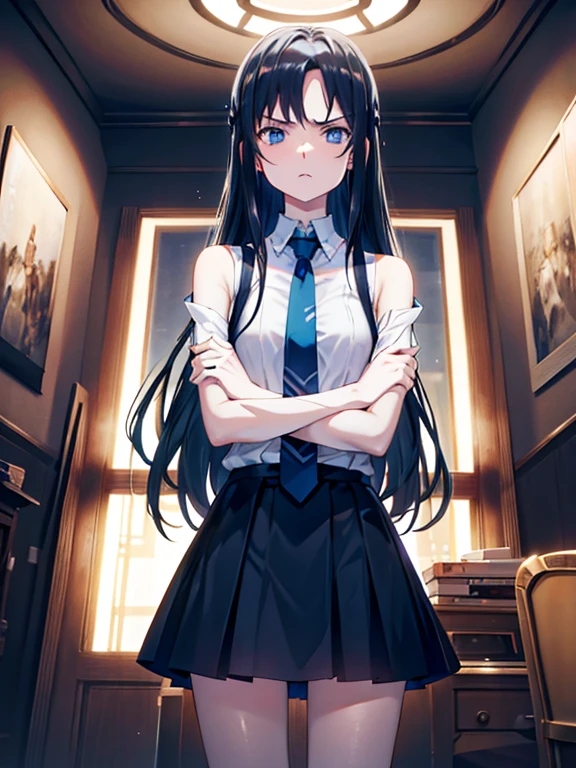 Shoulder-length hair Black Hair Angry mini skirt Inside the room I see a laptop tie Arms crossed Anger Mark Blue eyes