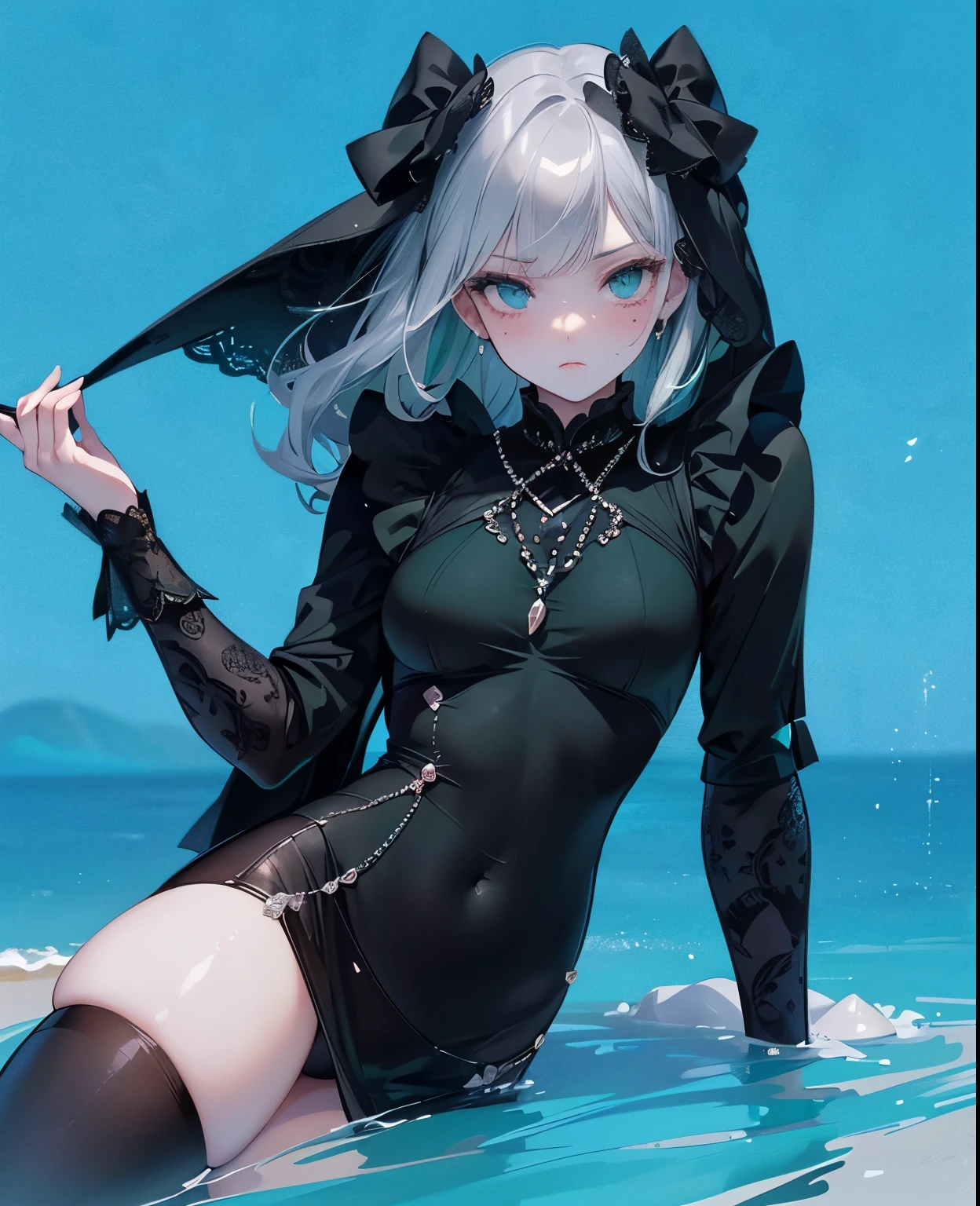 ((dark fantasy)), ((wavy hair, silver hair color, pale skin),(((green aquamarine eyes))), freckles, warm light,( ),busty,Glamour,Gorgeous,monochromes,erotic posing,Dynamic Posing,Arrange Pose,Dramatic,Cinematic,Detailed background, Dynamic Angle,From the angle of the film,Gothic background, Dark fantastic view,Best Quality,masutepiece,8K,The ultimate detailed dark background, Top image quality、RAW photography、超A high resolution,cropped shoulders, overall look is very erotic、Shot for one person only, model shoot, Large round chest, Beautiful Eyes of Details、Very slender eyes、Beautiful eyelashes、Very slim physique, with blush cheeks,Pearl Beaded Bralet Top, ((pearl top)), opal pearl in hand