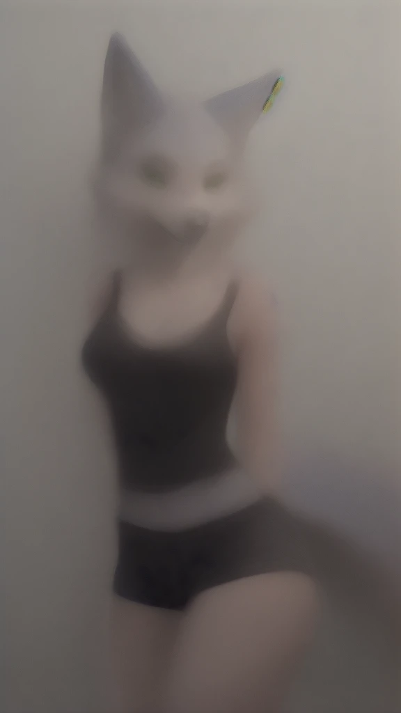 Furry kitsune wolf    female anthropomorphic hot pink  fur green  eyes blue ears wearing a black tank top and black shorts  medium breast size soaking wet tail drupey