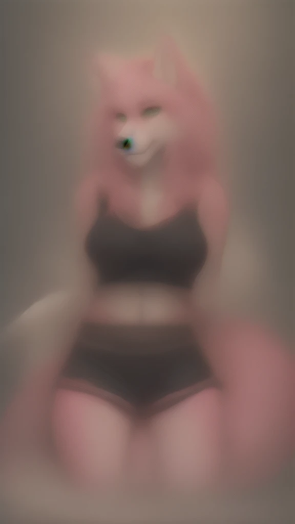 Furry kitsune wolf    female anthropomorphic hot pink  fur green  eyes blue ears wearing a black tank top and black shorts  medium breast size soaking wet tail drupey