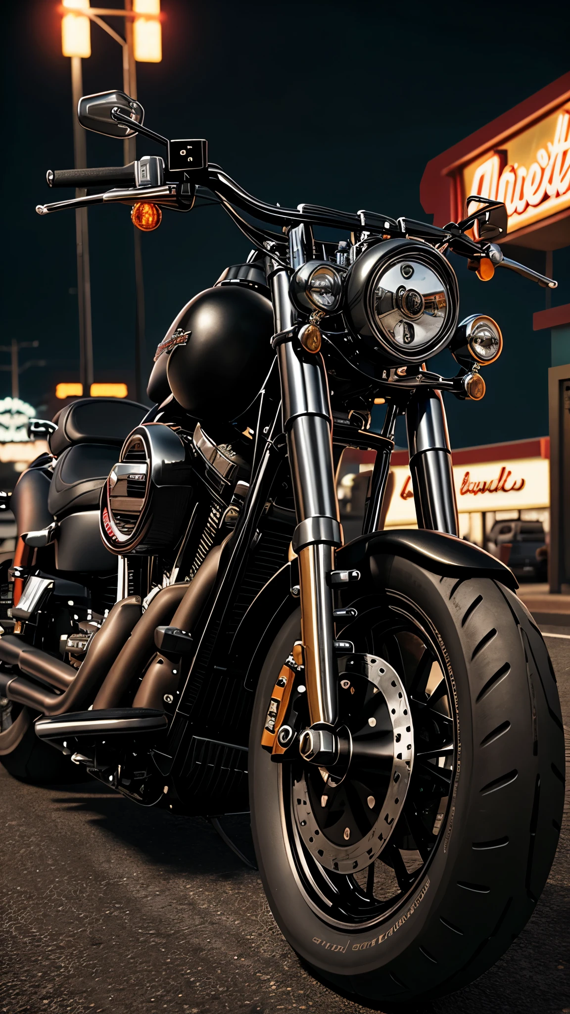 A matte black customized lowrider Harley Davidson fatboy parked at a gas station on Route 66. Photorealistic, insane details, highly detailed, evening time, dramatic, Hollywood style, movie style, unreal engine render, cinema 4D, Octane Render, Amazing