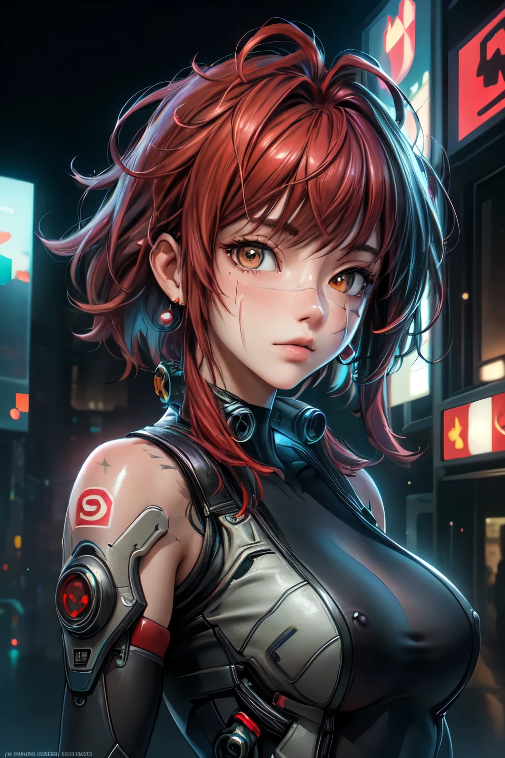 ((best quality)), ((Masterpiece)), (details:1.4), 3d, Image of a beautiful cyberpunk woman., HDR (high dynamic range), mature woman, short hair, red hair, earring, future police, PBR surface, After processing, Anisotropic filtration,depth of field, Maximum clarity and clarity, multi-layered surface, perfect proportions, 8K raw files, future world, at night, Scars on the face, futuristic city background,