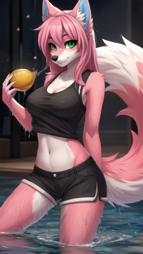 Furry kitsune wolf    female anthropomorphic hot pink  fur green  eyes blue ears wearing a black tank top and black shorts  medium breast size soaking wet tail drupey