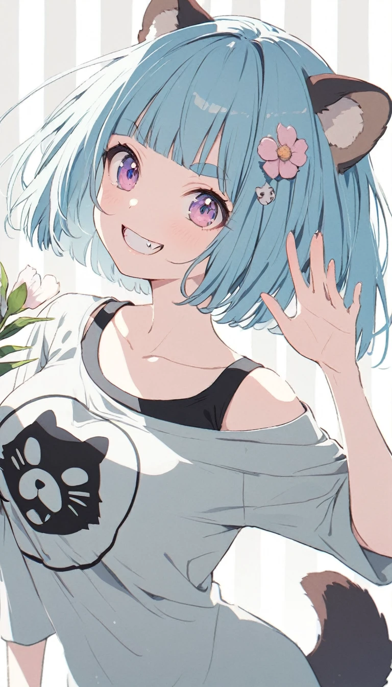 anime,(pale colors:1.8),long shot, 1girl, (on right:1.3), solo, cat mouth, dynamic angle, holding flower, salute, grin, smile, fang, blue hair, bobcut, straight hair, racoon ears, racoon tail, (brown streaked hair:1.3), (blunt bangs) ,thick eyebrows, big breast, off shoulder clothes, racoon tattoo, cutout,flower hair ornament, striped background, shadow,