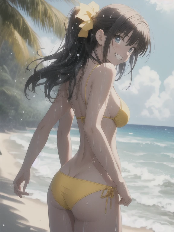 masterpiece, Highest quality,8k wallpaper, throw,Honoka Kousaka, blue eyes,(Large Breasts:1.0),(The most beautiful yellow micro bikini:1.2) , (exposed teeth cheeks:1.2),Glowing Eyes, Cowboy Shot, sexy, teeth, sexy pose, Are standing,showing her teeth, embarrteethed, Blushing, Beach,alone, From behind, Wet , smile 