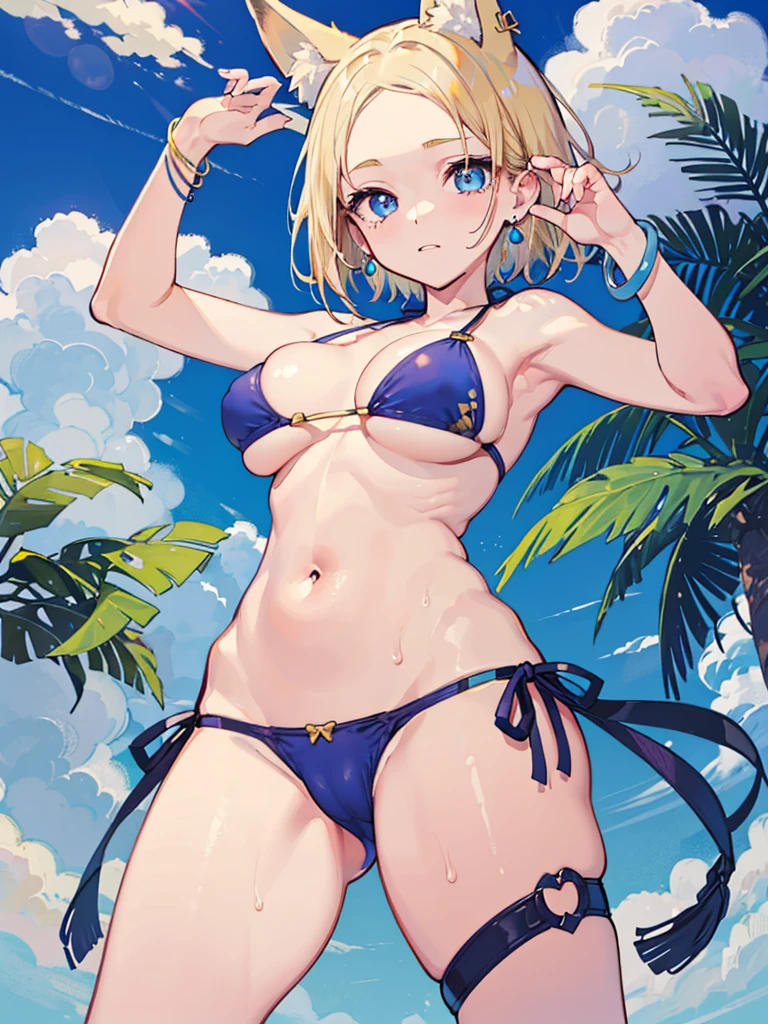 ((1girl)), (close up), sweaty, solo, high quality, blonde hair, ((forehead)), (short hair), blue eyes, medium breast,  (((bikini))), (straps:1.2),  plants, blue sky, (cameltoe:1.2), (big nipples:0.9), (thick thighs), sky, clouds, fox ears, blue flowers, jewelry, earrings, bracelets, 
