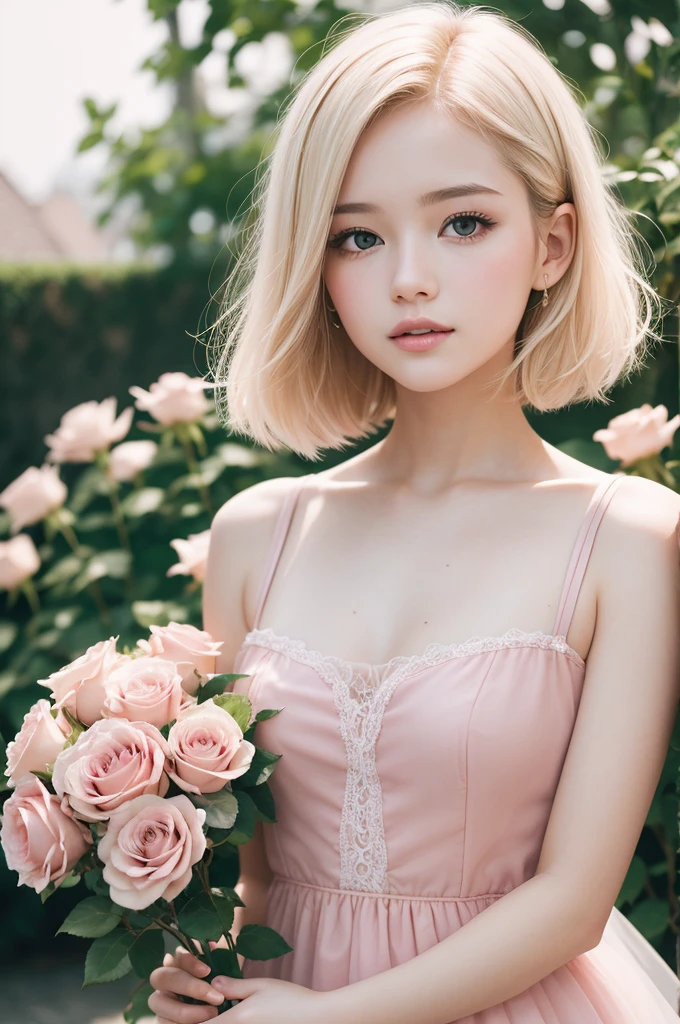 8k, RAW photo, Fujifilm, style photo of a beautiful young woman as avril in a garden of light pink roses (highly detailed skin: 1.2) Style-Petal BREAK short hair, blonde hair with colored locks, wearing a dress, film granulation, 35mm, cute style