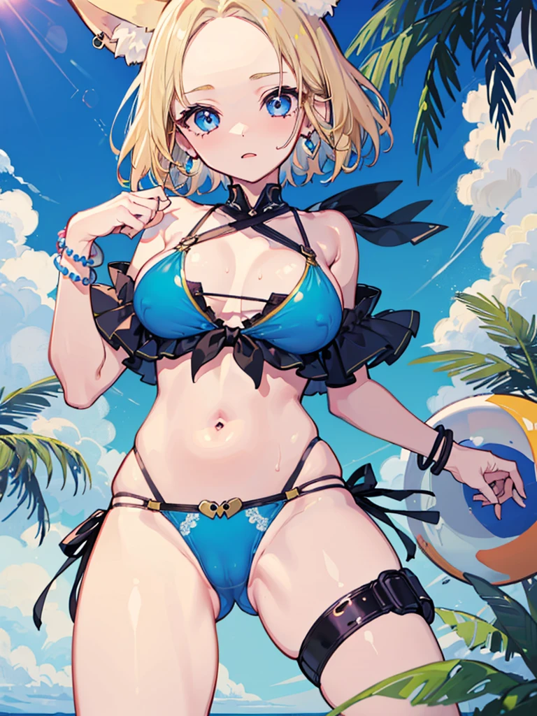 ((1girl)), (close up), sweaty, solo, high quality, blonde hair, ((forehead)), (short hair), blue eyes, medium breast, (((bikini))), (straps:1.2), plants, blue sky, (cameltoe:1.2), (big nipples:0.9), (thick thighs), sky, clouds, fox ears, blue flowers, jewelry, earrings, bracelets,