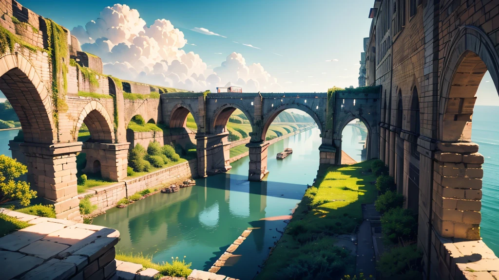 very beautiful long aqueduct, stretched along the horizon line, cartoon