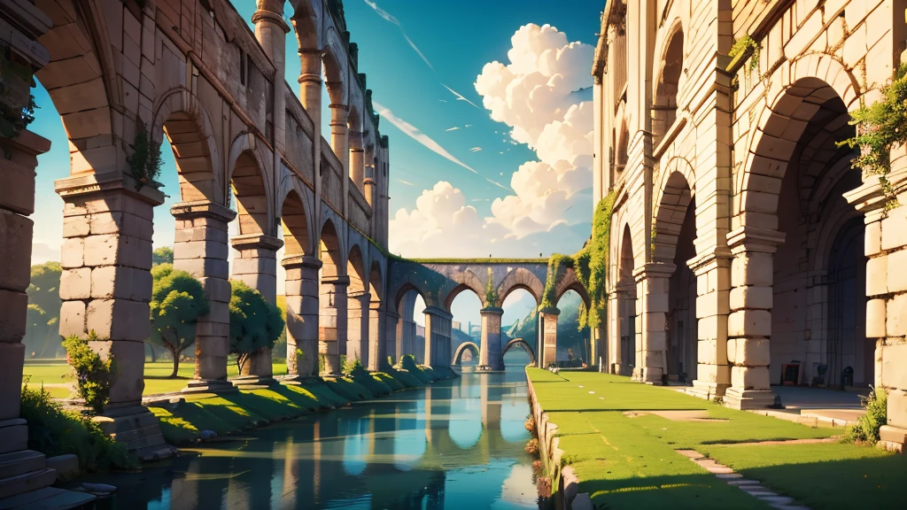 very beautiful long aqueduct, stretched along the horizon line, cartoon