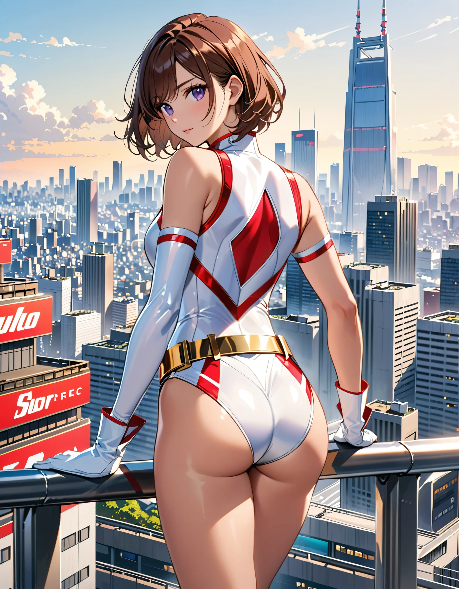 (masterpiece), (best quality), (high res), medium breasts, ((leotard, white and red leotard, matching leotard, sleeveless, bare legs)), ((tight belt, gold belt)), ((boots, matching boots, ankle-high boots, white boots)), ((gloves, white gloves)), city backdrop, tokyo city backdrop, solo, solo focus, standing, (full body), cowboy shot, superhero, ((beautiful detailed eyes)), (brown hair, medium hair, bob hair, purple eyes), (perfect hands, perfect anatomy), cowboy shot, superhero, ((beautiful detailed eyes)), full body costume design, ((rear view, back view)).