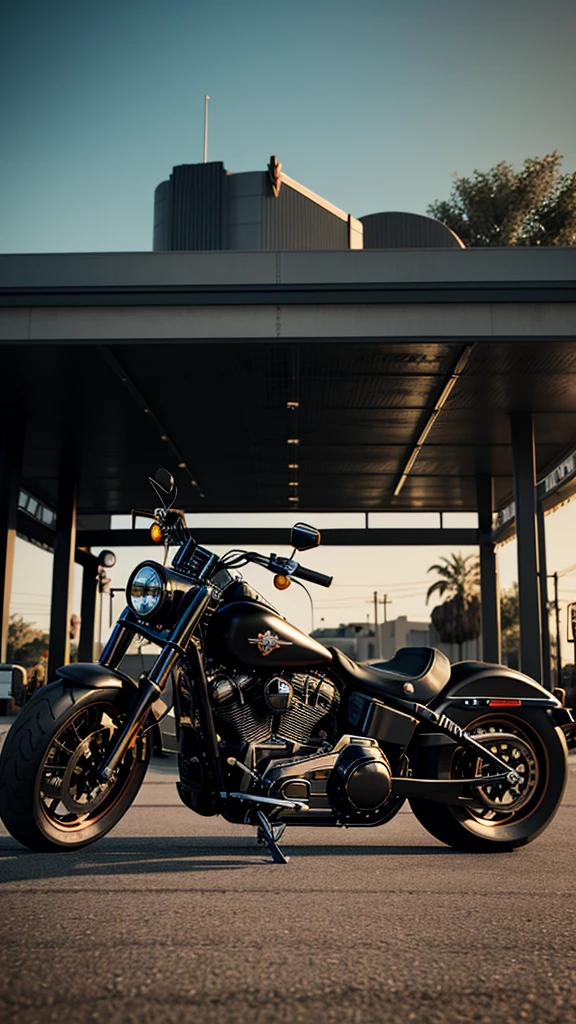 A matte black customized lowrider Harley Davidson fatboy parked at a gas station on Route 66. Photorealistic, insane details, highly detailed, evening time, dramatic, Hollywood style, movie style, unreal engine render, cinema 4D, Octane Render, Amazing, side profile, golden hour lighting 