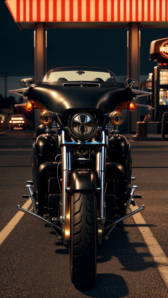 A matte black customized lowrider Harley Davidson fatboy parked at a gas station on Route 66. Photorealistic, insane details, highly detailed, evening time, dramatic, Hollywood style, movie style, unreal engine render, cinema 4D, Octane Render, Amazing, side profile, golden hour lighting