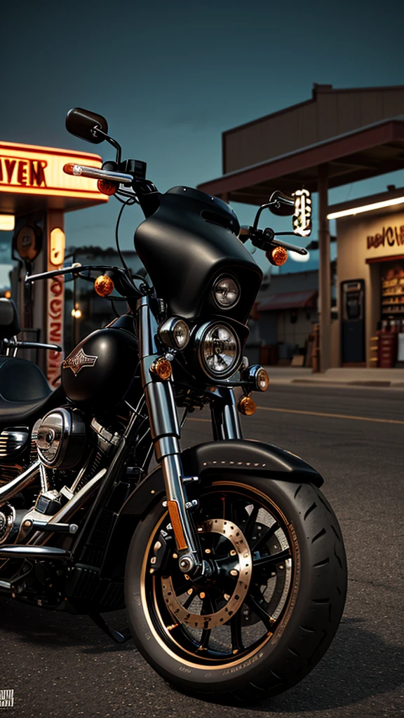 A matte black customized lowrider Harley Davidson fatboy parked at a gas station on Route 66. Photorealistic, insane details, highly detailed, evening time, dramatic, Hollywood style, movie style, unreal engine render, cinema 4D, Octane Render, Amazing, side profile, golden hour lighting