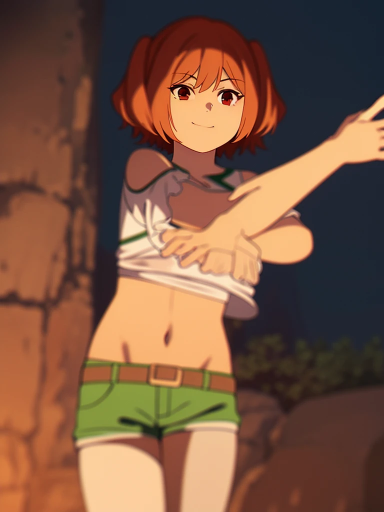 (8K, Highest quality, Highest quality, masterpiece), standing, 1girl, fullbody, solo, cowboy shot, (forest landscape), (summer sky), smile, Shorts, outdoors,

kanne, short hair, brown hair, twintails, (brown eyes:1.3), shirt, thighhighs, navel, bare shoulders, white shirt, short sleeves, midriff, belt, white thighhighs, crop top, short shorts, clothing cutout, shoulder cutout, (green shorts)
