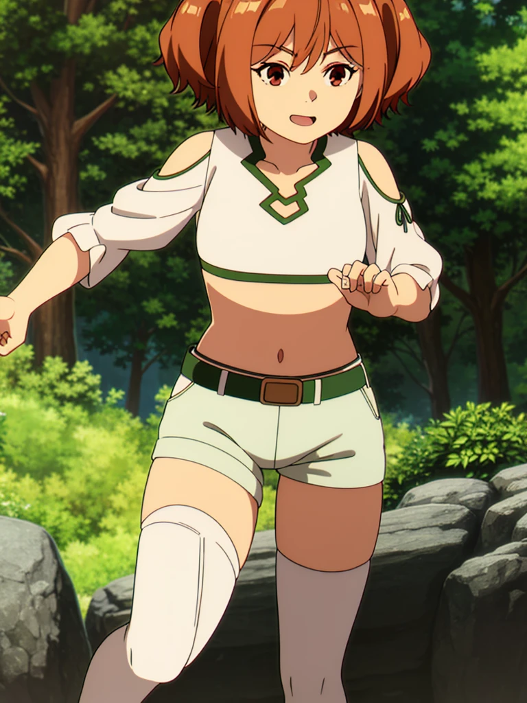 (8K, Highest quality, Highest quality, masterpiece), standing, 1girl, fullbody, solo, cowboy shot, (forest landscape), (summer sky), smile, Shorts, outdoors,

kanne, short hair, brown hair, twintails, (brown eyes:1.3), shirt, thighhighs, navel, bare shoulders, white shirt, short sleeves, midriff, belt, white thighhighs, crop top, short shorts, clothing cutout, shoulder cutout, (green shorts)
