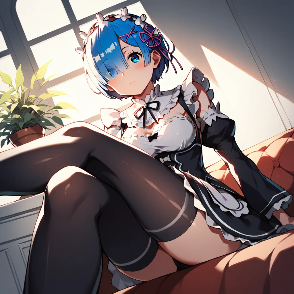 score_9, score_8_up, score_7_up, rem_\(re:zero\)
blue_eyes,hair_over_one_eye,short_hair,blue_hair,hair_ribbon,roswaal_mansion_maid_uniform, 1girl, solo, sitting, crossed legs, from below
Masterpiece, best quality, detailed eyes, perfect face, award winning