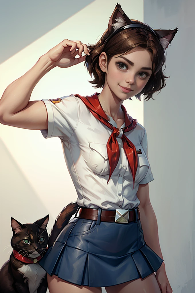 very young slim fit girl, at full height, rounded face, very long disheveled dark brown hair, big brown eyes, shy smile, perfect flat breast, band on head with fake cat ears, parororo, pioneer neckerchief, blue thight microskirt, bangs, shirt, collarbone, white shirt, short sleeves, collared shirt, belt, neckerchief, eyelashes, red neckerchief, breast pocket, ZM_alessia