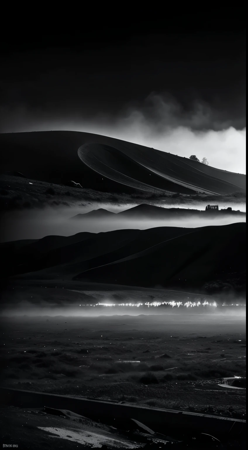 The noise of silence,Minimalist black and white poster,Abstract Art,Apocalyptic foggy landscape,Award-winning works,Award-winning