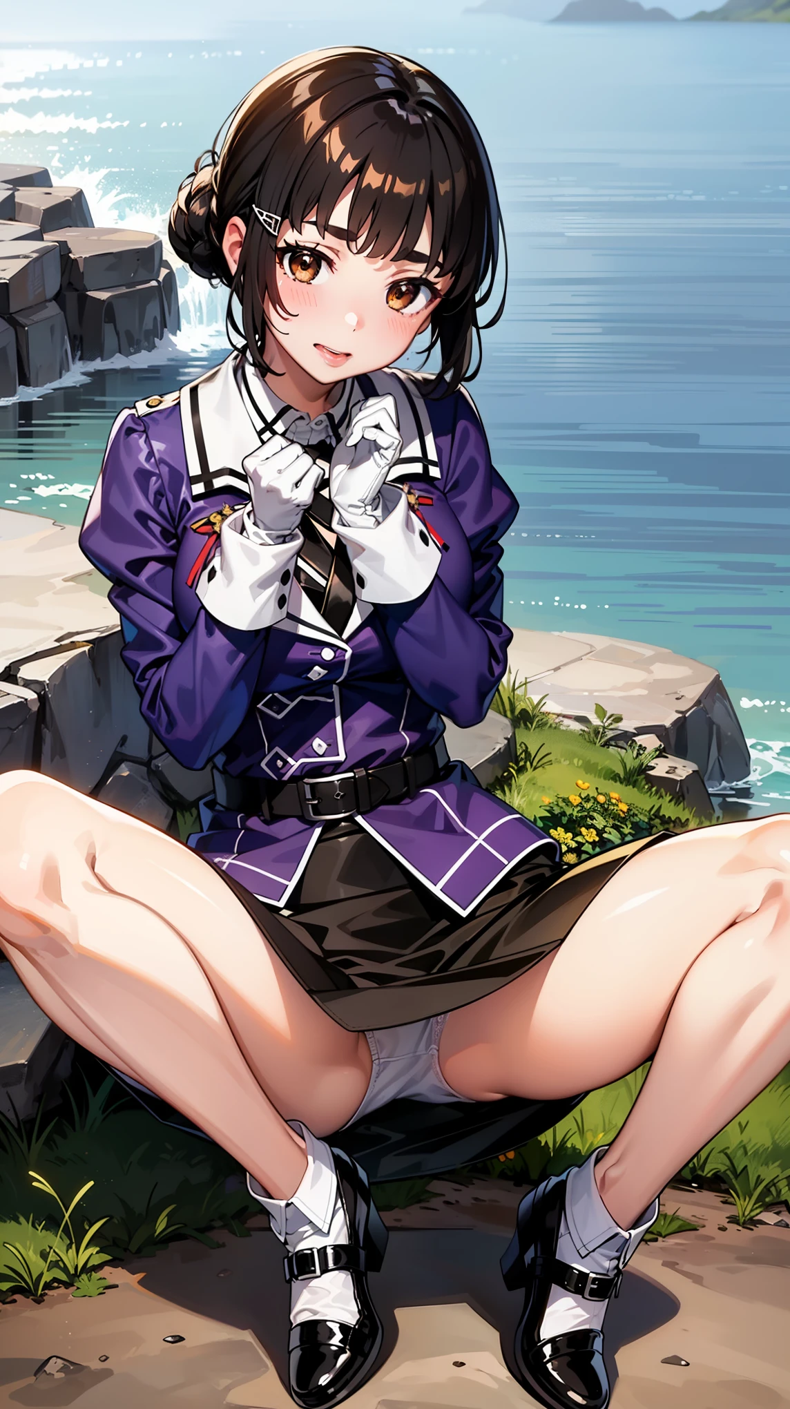 scratch \(Kantai Collection\), Long Hair, Brown Hair, Brown eyes, hair ornaments, clothing : uniform, Purple Jacket, Black tie, White gloves, Black belt, Black Skirt, mini skirt, Pencil Skirt, White Pantyhose, Gray shoes, High heels,
Blake Smile, shy, Blushing your nose, (Heart Hands, Put your own hands together:1)
destroy a masterpiece, Highest quality, High resolution, 8K, Official Art, Very detailedな, Super Resolution, Very detailed and beautiful, Very detailed, Amazing detail, Very detailed美しい女の子, Very detailed顔, Very detailed目, Very detailed肌, Very detailed指, Very detailed鼻, Very knowledgeable mouth, Perfect anatomy break full body shot, Opposition, On the Sea, On the water, bright, scenery, Very detailed CG unity 16k, Highly detailed 16K CG wallpaper,(Spread your legs),(Panty shot)
