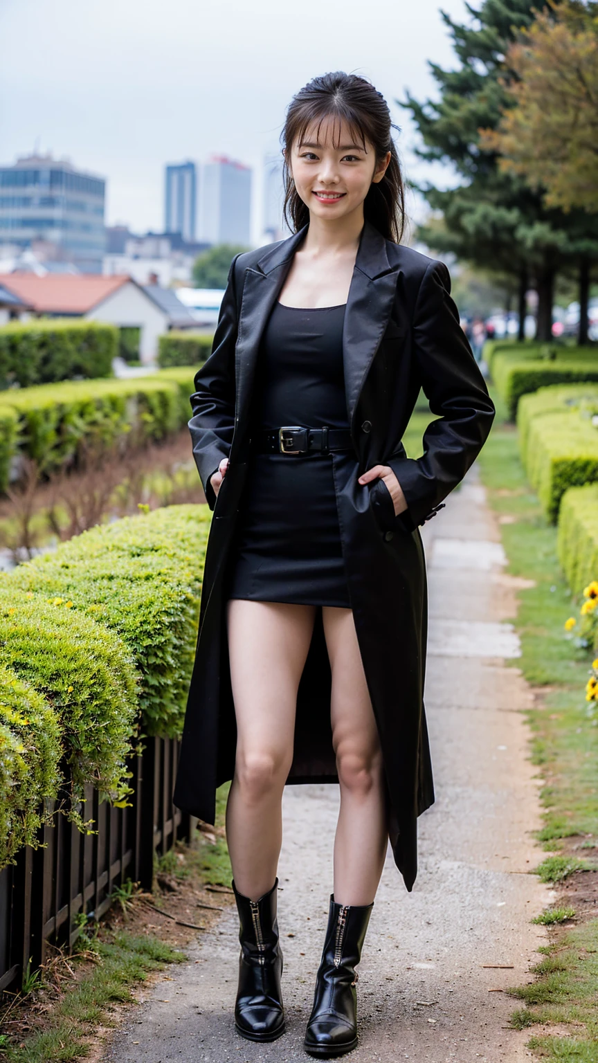 (8K、RAW Photos、Highest quality、masterpiece:1.2)、(Realistic、Realistic)、1 Girl、((black long coat、Black mini skirt、smile、Thin legs、whole body、boots、one piece、garden、View from the front、Looking into the camera、belt、Stand with hands on hips))、cute